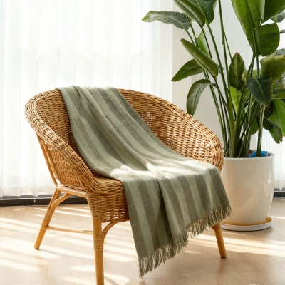 Linen Blend Striped Casual Throw | Breathable Drapey Fringe Sofa Blanket