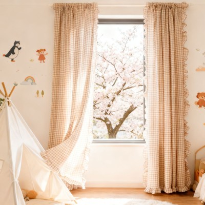 Ruffled sheer curtain (light-filtering & privacy-protective) – brushed fabric with printed plaid pattern, perfect for living rooms, balconies, and small windows